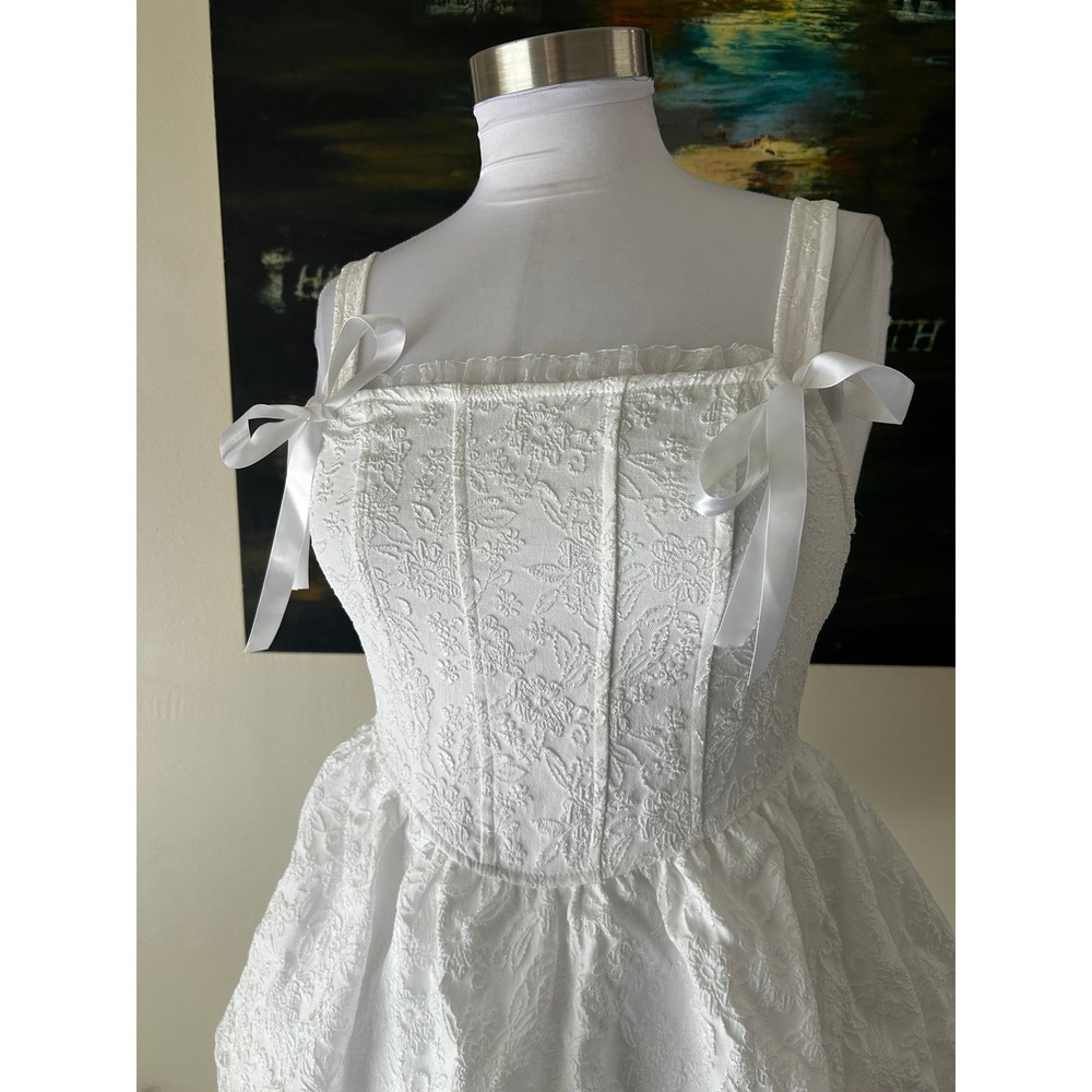 Francescas Mini Dress Medium White Tiered Ruffle Jacquard Corset Bodice - Picture 3 of 5